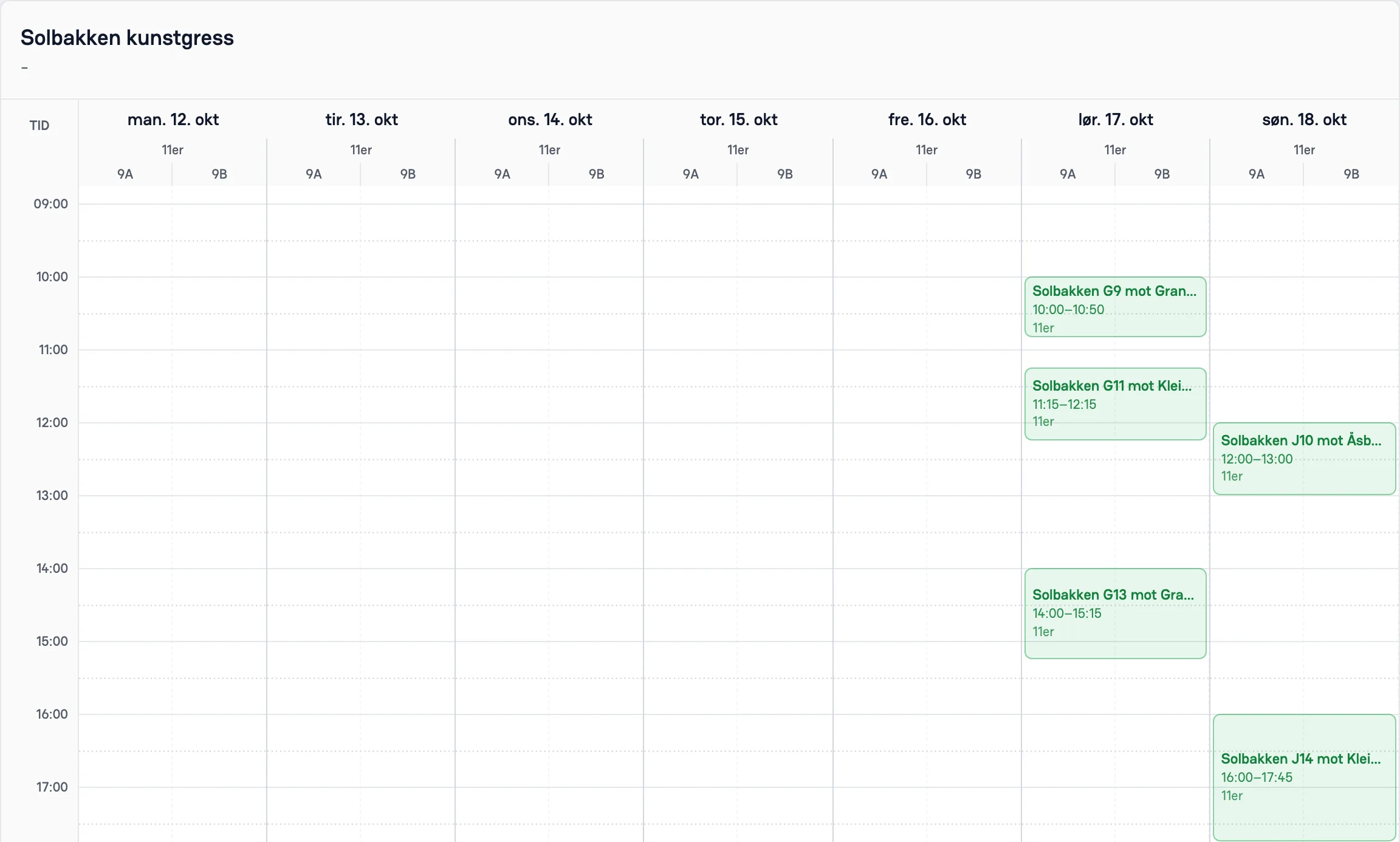 Ukekalender for en 11er-bane med treninger i 7er- og 9er-soner på hverdagene og kamp på hel bane søndag.